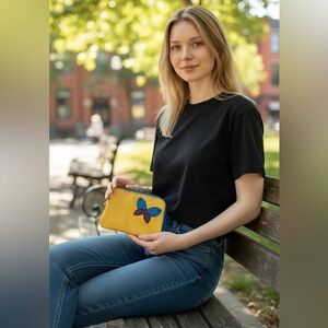 ( Wallet) Yellow leather wallet with Butterfly Design